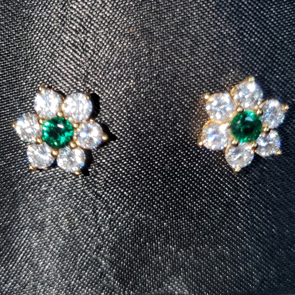 Earrings with Emeralds and Zircons Flower 18K Gold Plated
